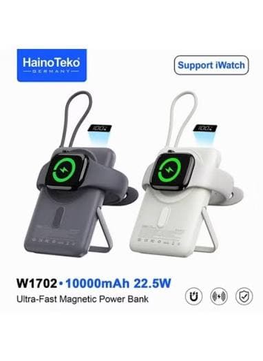 HainoTeko Germany W1702 Magnetic Wireless Power Bank 10000mAh 22.5W Fast Charging with Built-in Type-C Cable – Black
